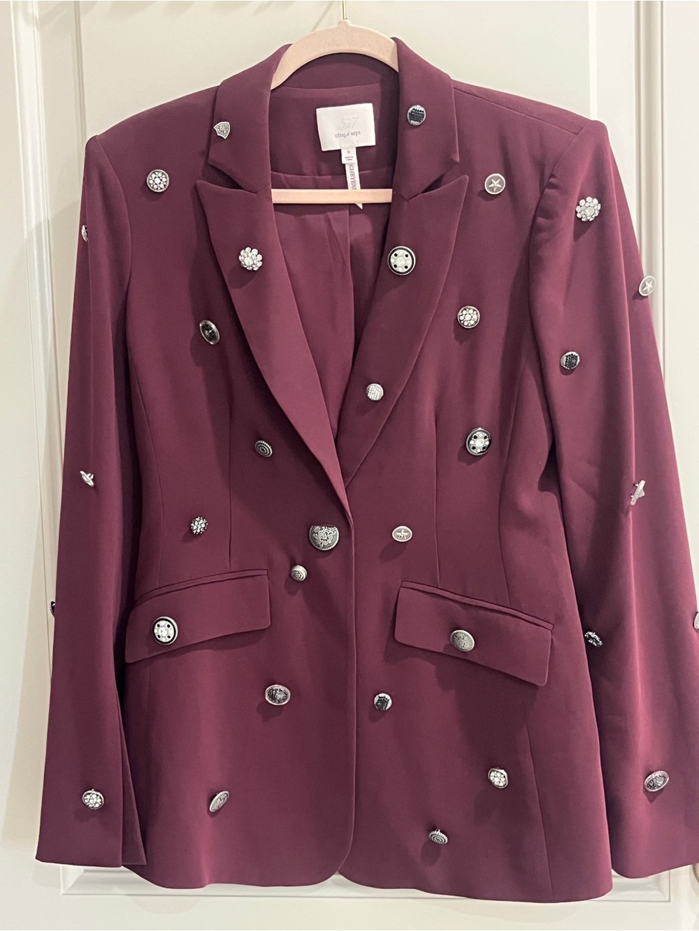 cinq a sept Burgundy Embellished Double-Breasted Blazer